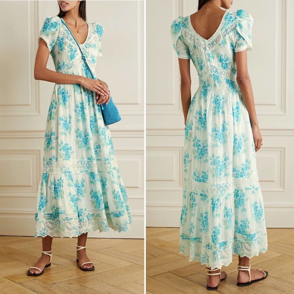 Loveshackfancy Galil Lace Floral Print Broderie Anglaise Cotton Midi Dress Sz 4